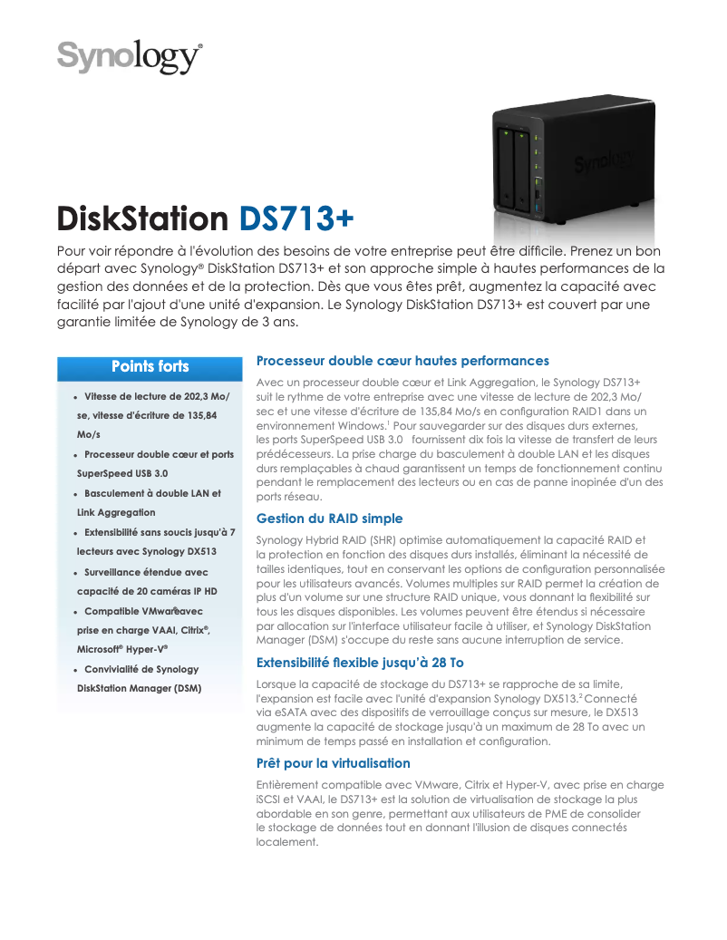 Page 1 de la notice Fiche technique Synology DiskStation DS713+