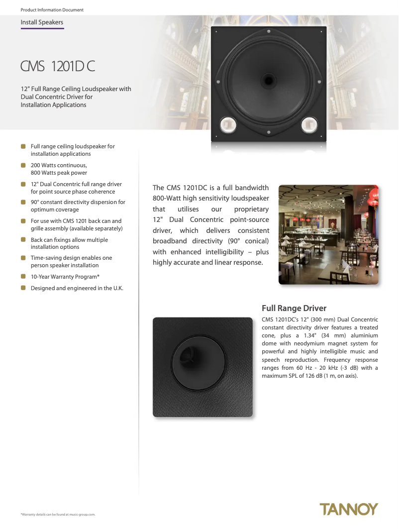 Page 1 de la notice Fiche technique Tannoy CMS 1201DC