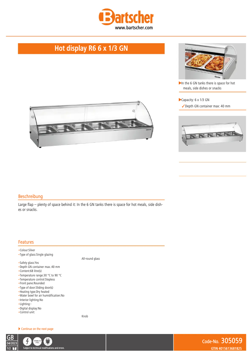 Page 1 de la notice Fiche technique Bartscher 305059