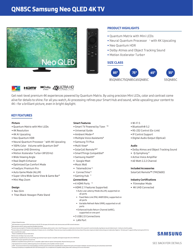 Page 1 de la notice Fiche technique Samsung QN65QN85CAF