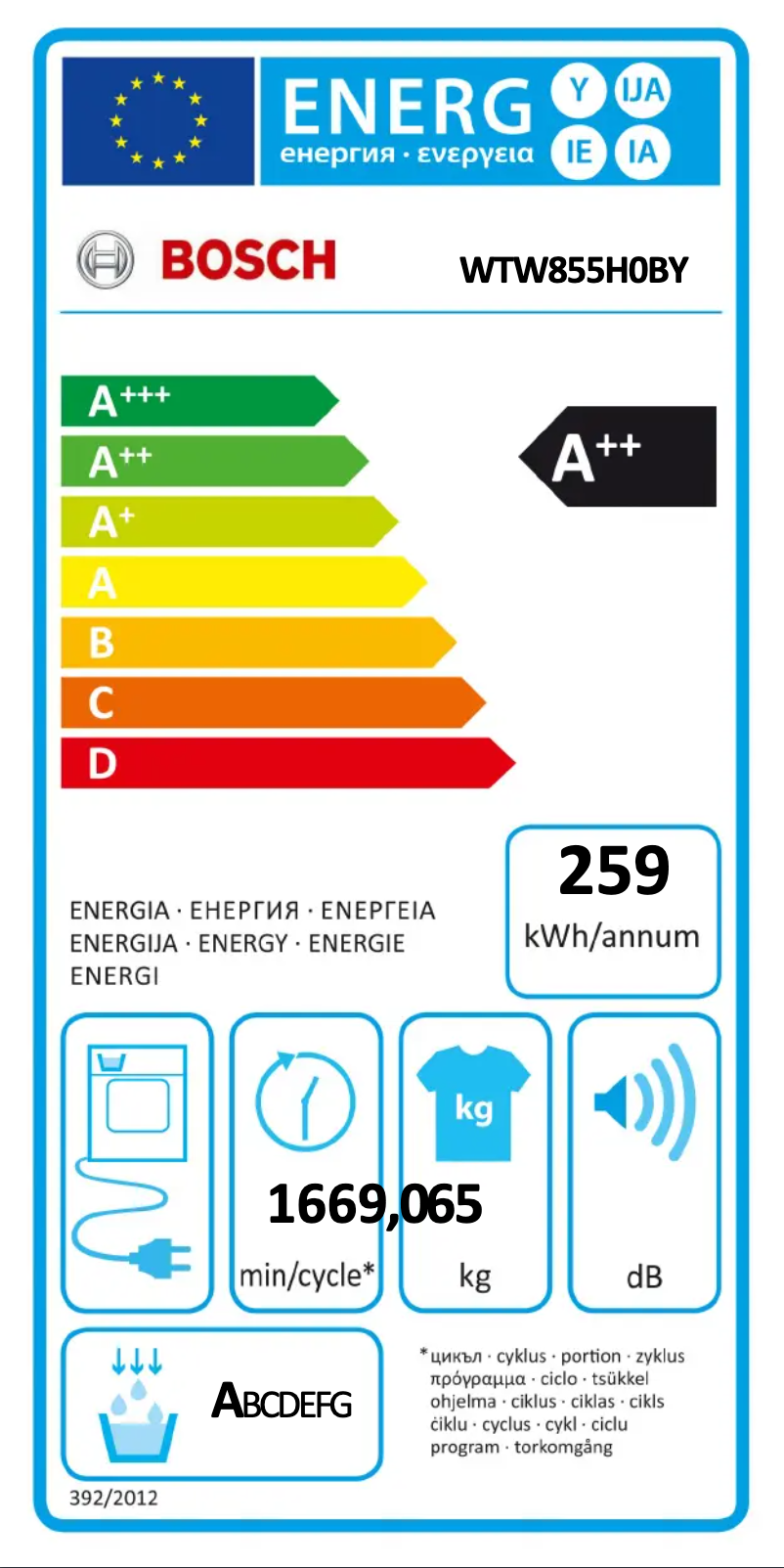 Page n°1 - Label énergétique Bosch WTW855H0BY