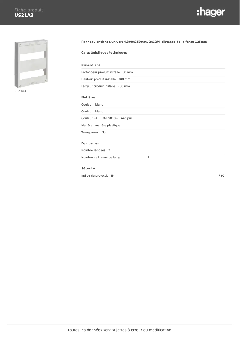 Page n°1 - Fiche technique Hager US21A3