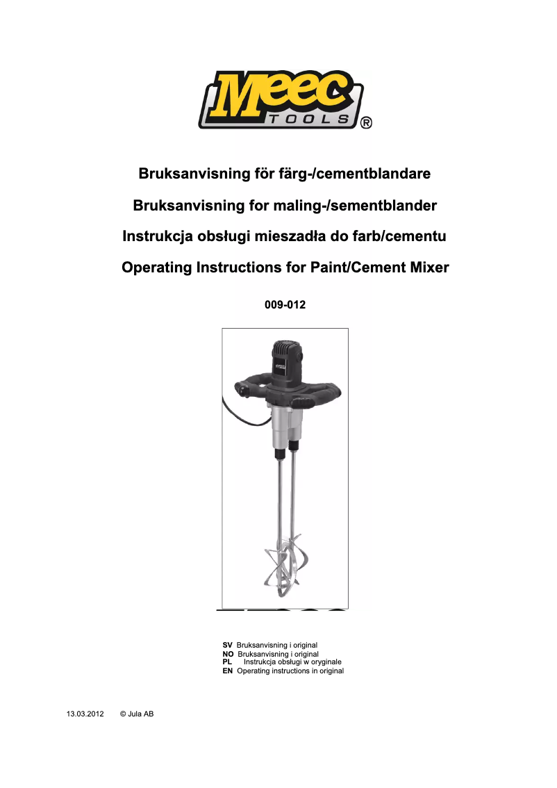 Page 1 de la notice Manuel utilisateur Meec Tools 009-012