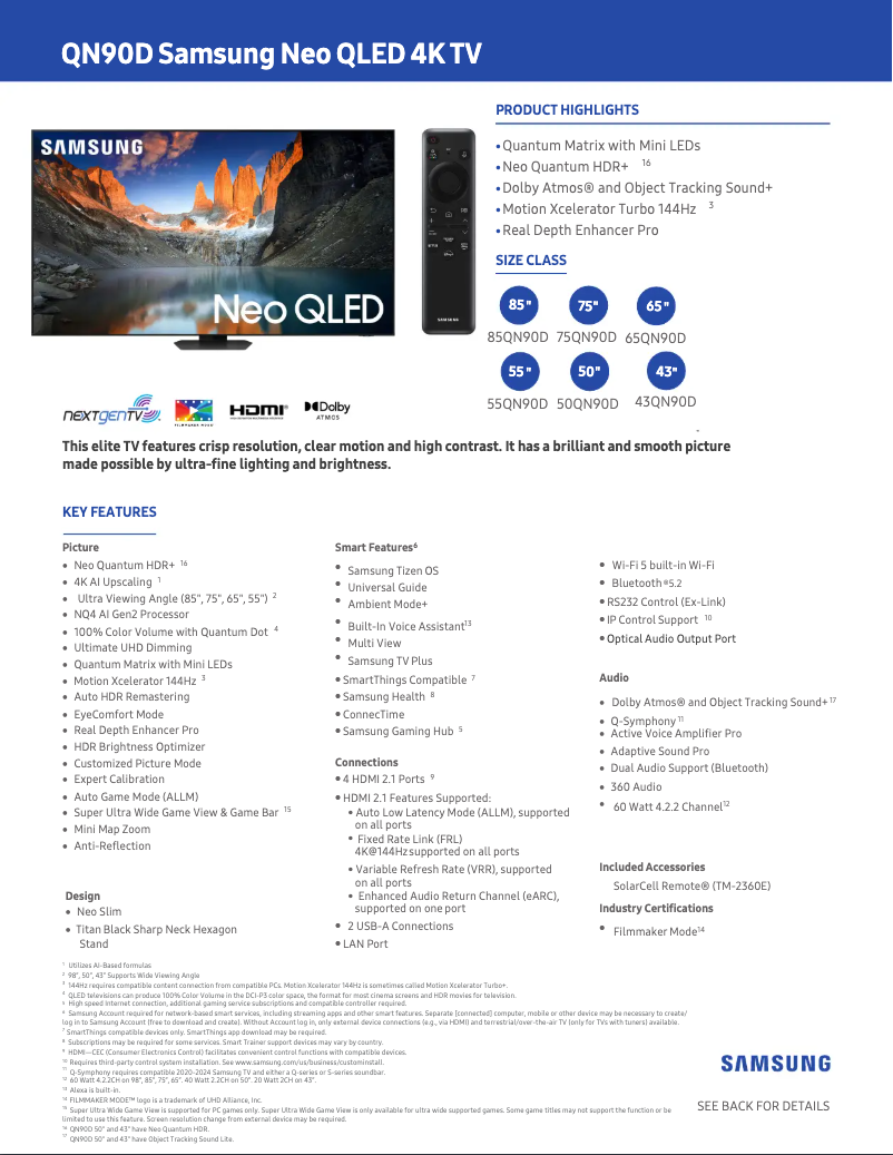 Page 1 de la notice Fiche technique Samsung QN85QN90DAF