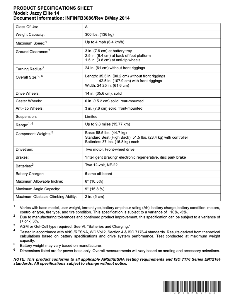 Page 1 de la notice Fiche technique Pride Jazzy Elite 14