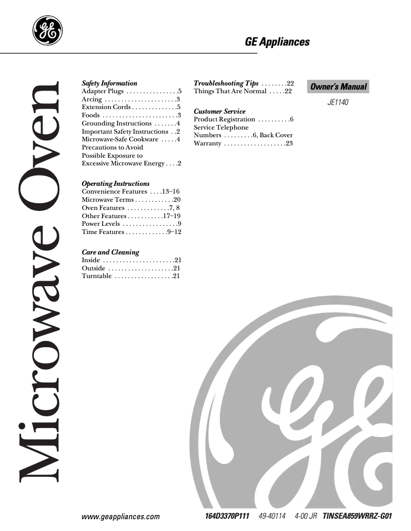 Page 1 de la notice Manuel d'utilisation et d'entretien GE JE1140WC