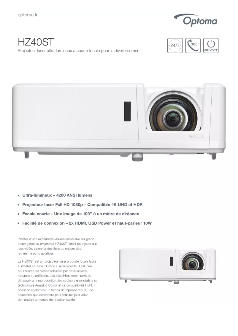 Page 1 de la notice Fiche technique Optoma HZ40ST