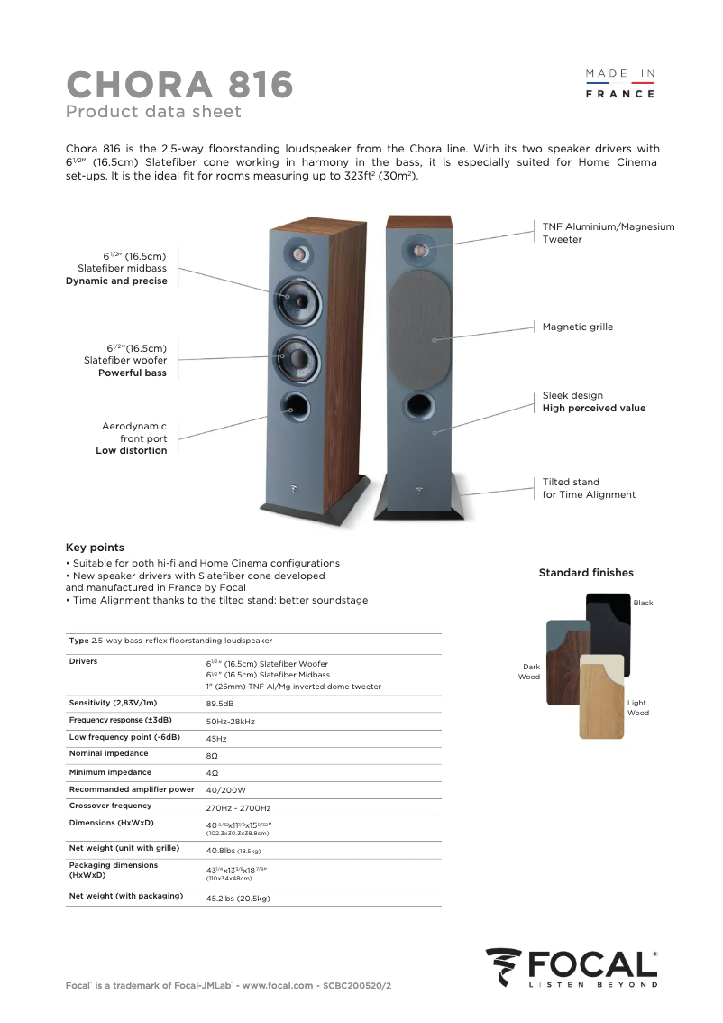 Page 1 de la notice Fiche technique Focal Chora 816