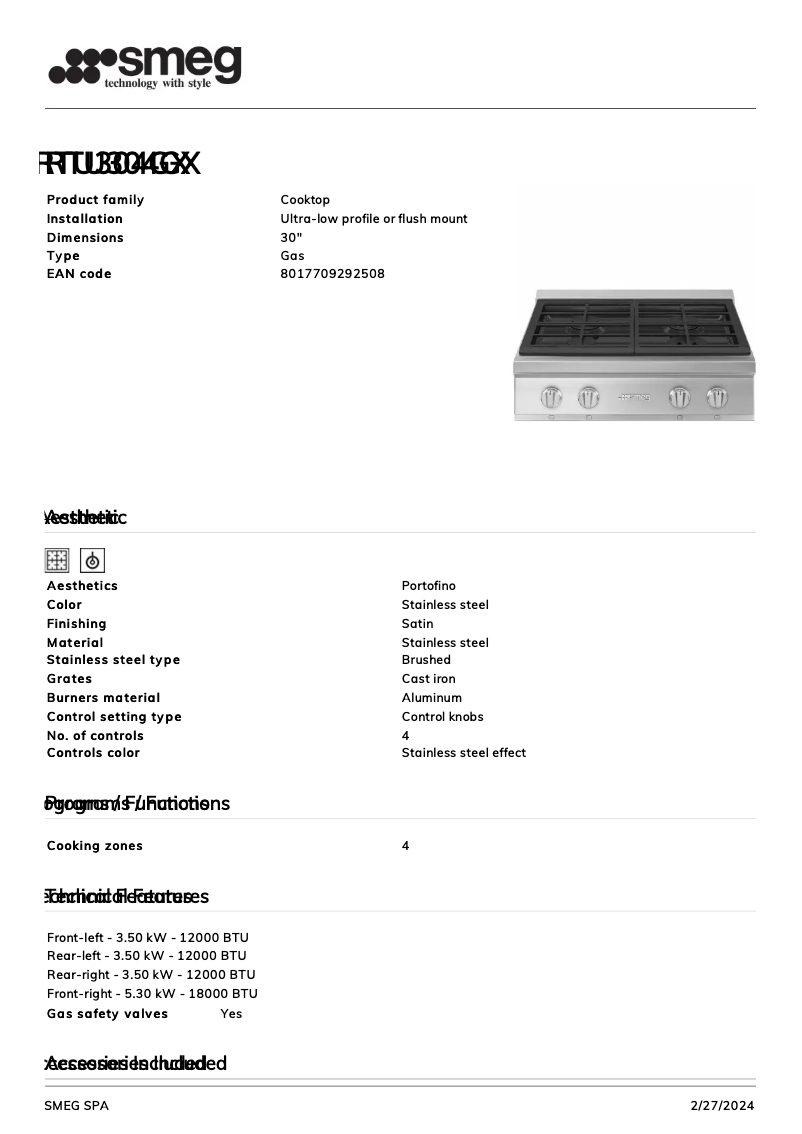 Page 1 de la notice Fiche technique Smeg RTU304GX