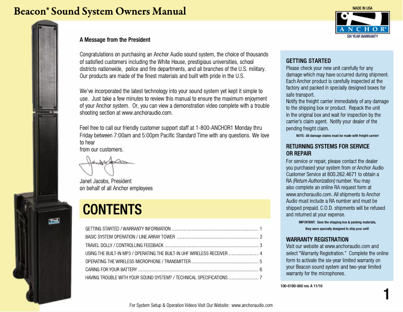 Page n°1 - Manuel utilisateur Anchor Audio BDP-7500/CM/HBM