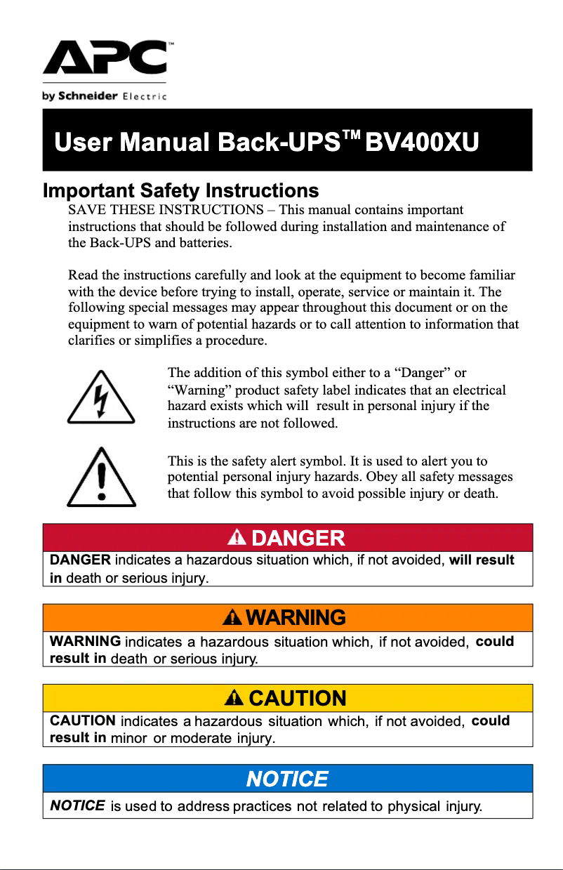 Page 1 de la notice Manuel utilisateur APC Back-UPS BV400XU