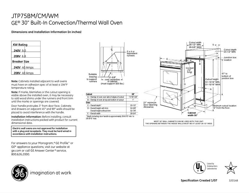 Page n°1 - Fiche technique GE JTP75CMCC