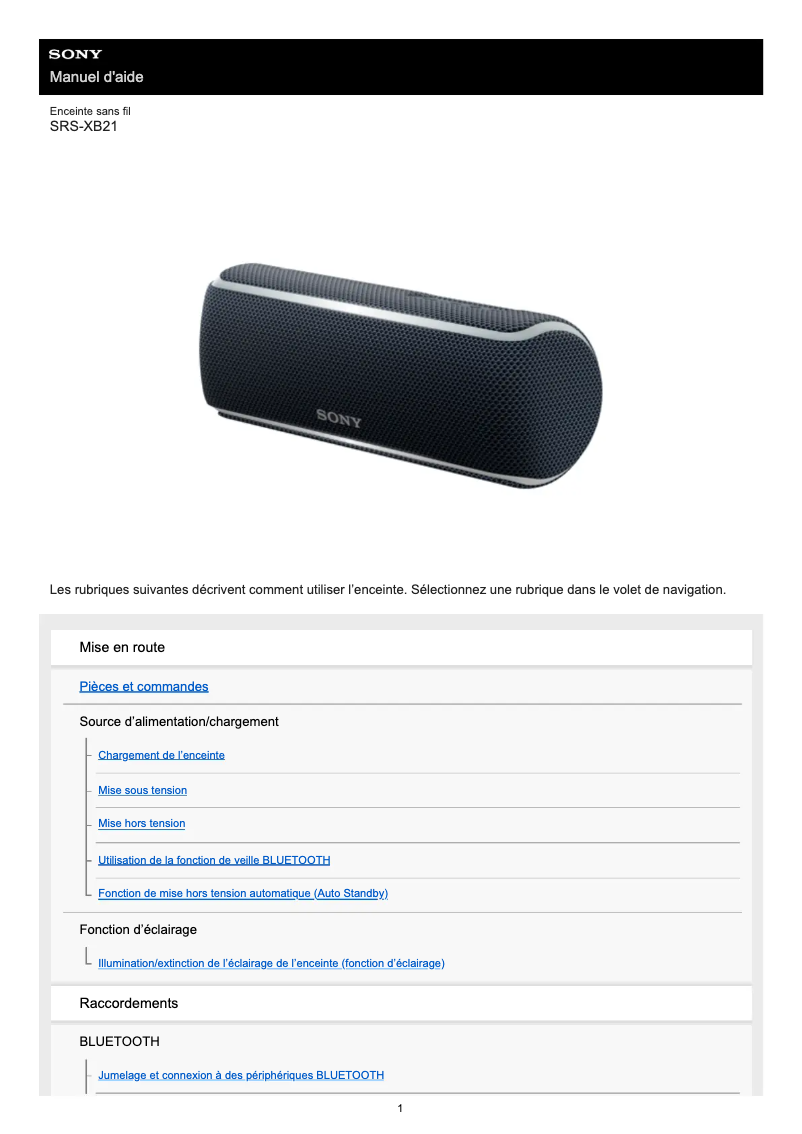 Image de la première page du manuel de l'appareil SRS-XB21