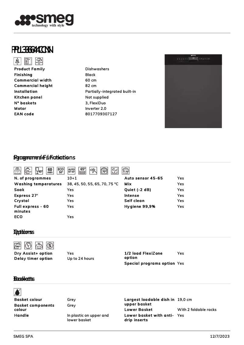Page 1 de la notice Fiche technique Smeg PL364CN