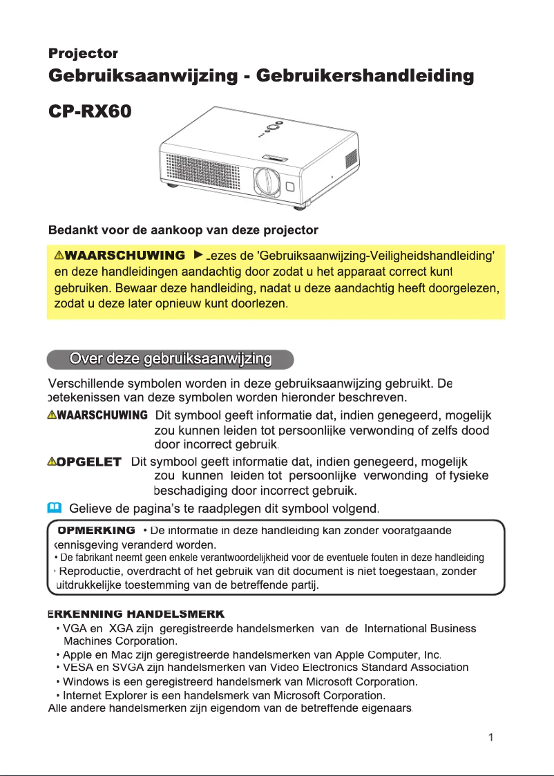 Page 1 de la notice Manuel utilisateur Hitachi CP-RX60Z