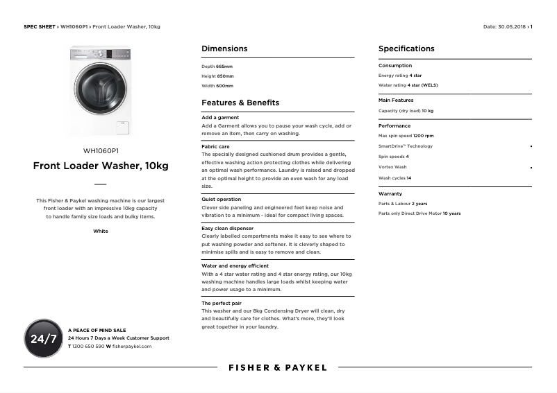 Page 1 de la notice Fiche technique Fisher & Paykel WH1060P1