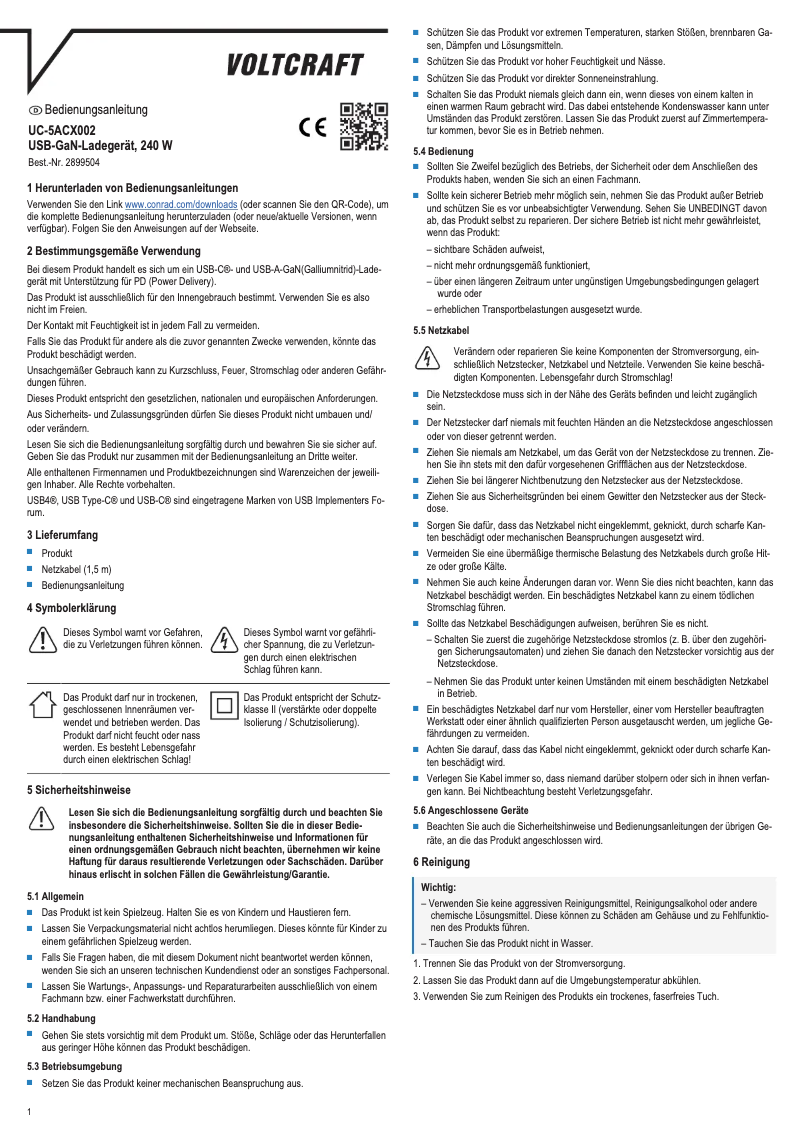 Page 1 de la notice Manuel utilisateur Voltcraft UC-5ACX002