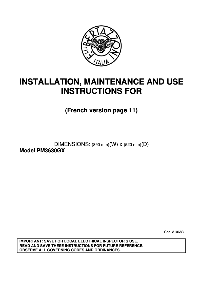 Page 1 de la notice Guide d'installation Bertazzoni PM36 3 0G X
