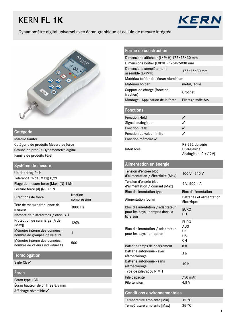 Page 1 de la notice Fiche technique Kern FL 1K