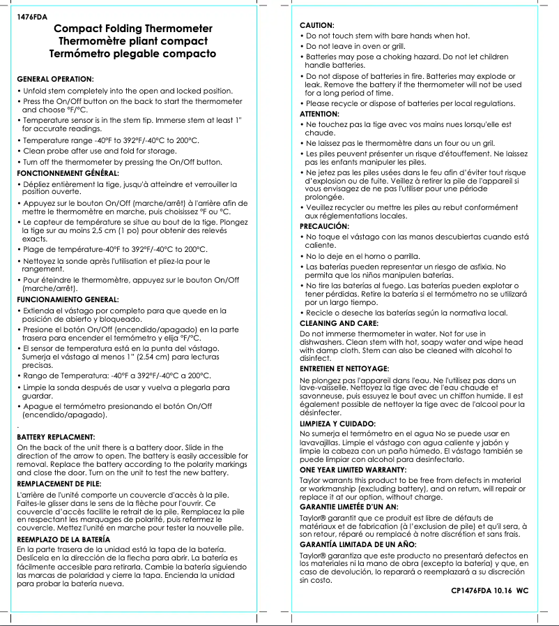 Page 1 de la notice Manuel utilisateur Taylor 1476