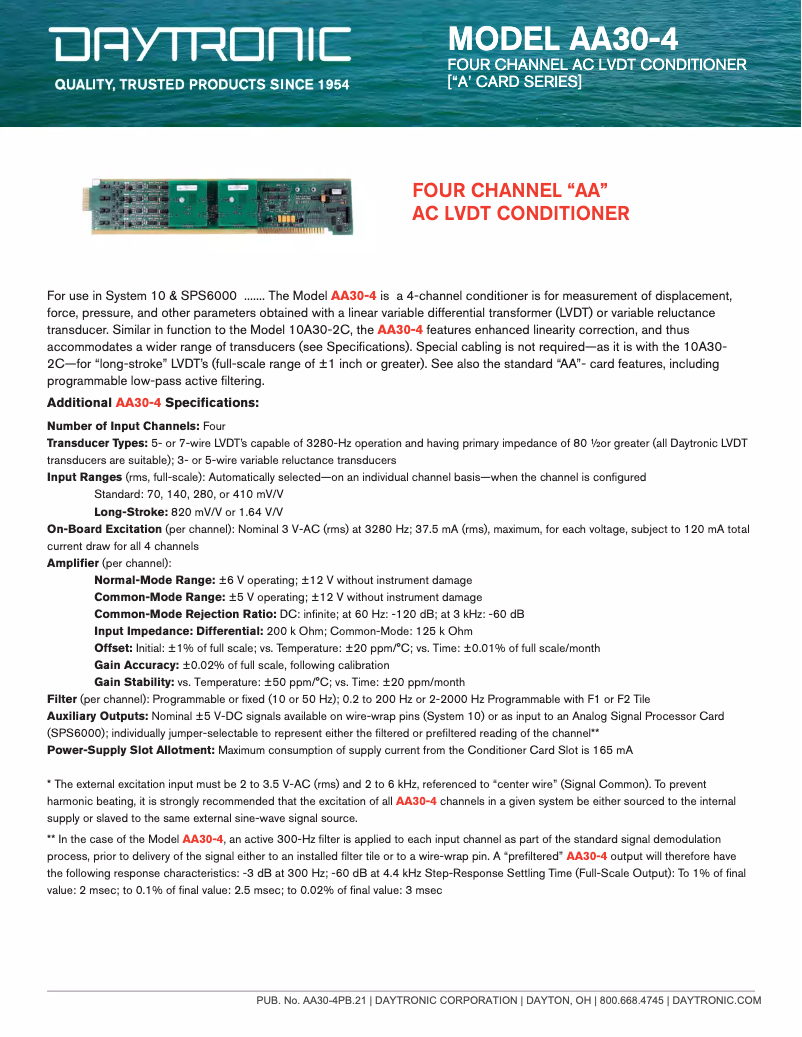 Page 1 de la notice Fiche technique Daytronic AA30-4F010