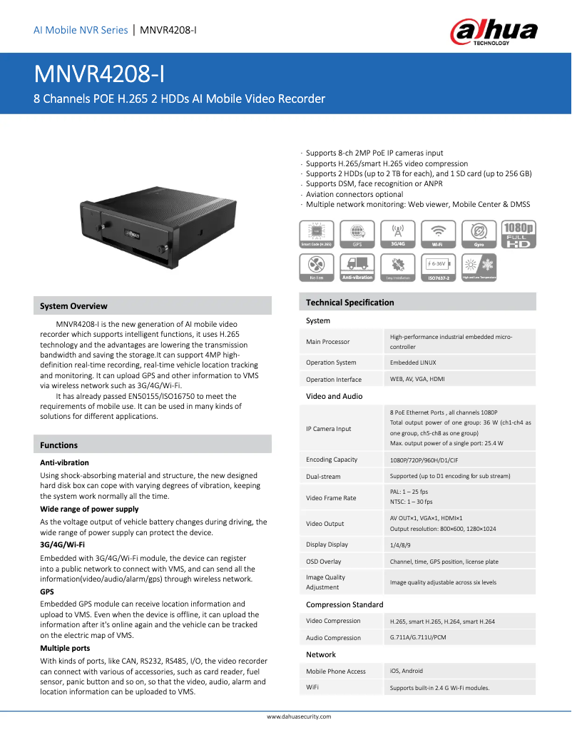 Page n°1 - Fiche technique Dahua Technology MNVR4208-GFWI