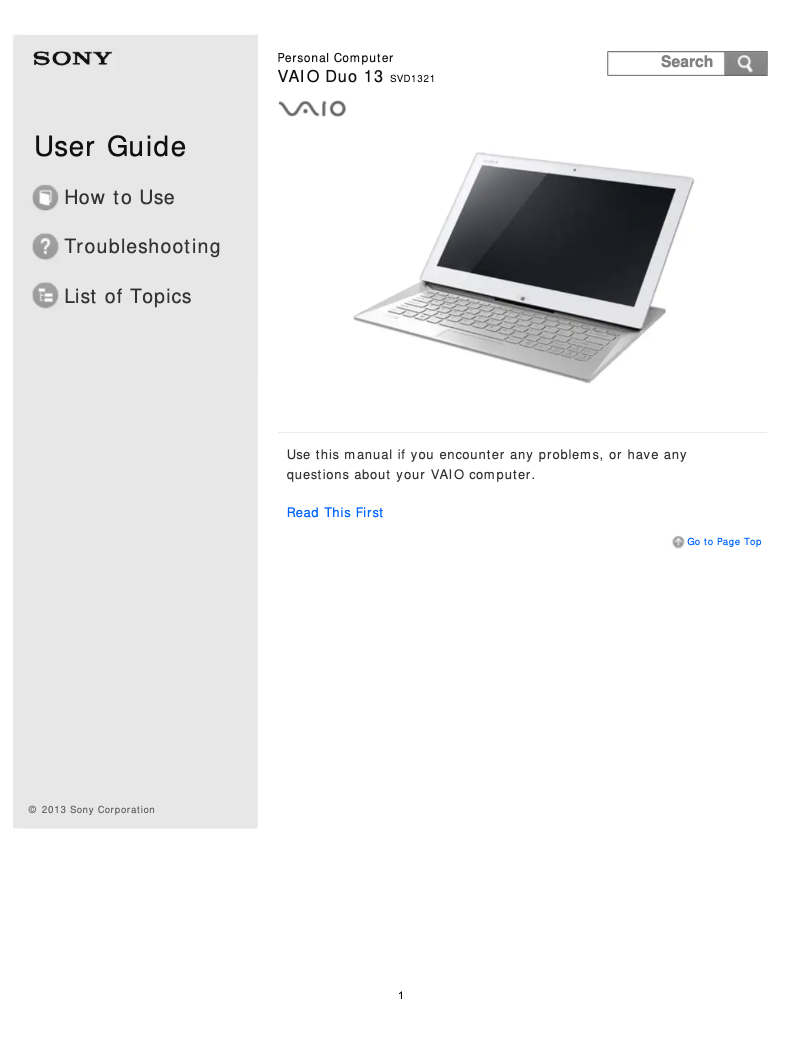 Page 1 de la notice Manuel utilisateur Sony Vaio Duo 13 SVD1321BPXB
