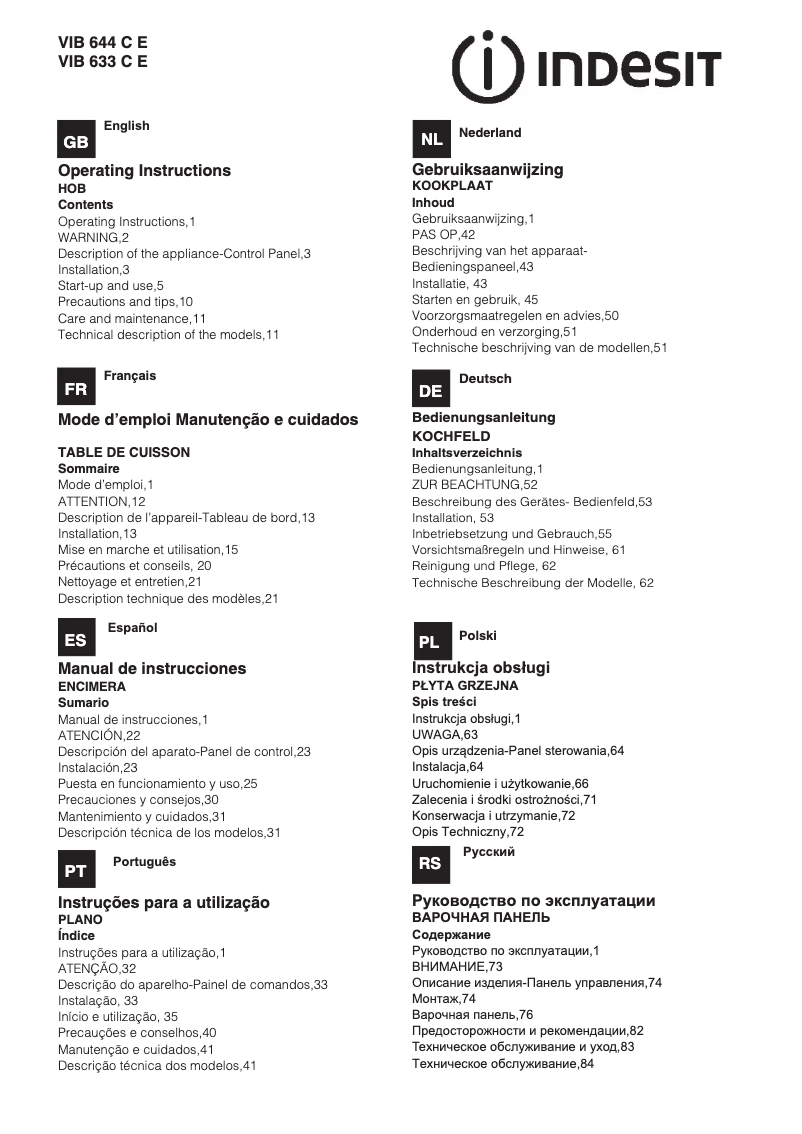 Page 1 de la notice Manuel utilisateur Indesit VIB 644 C E