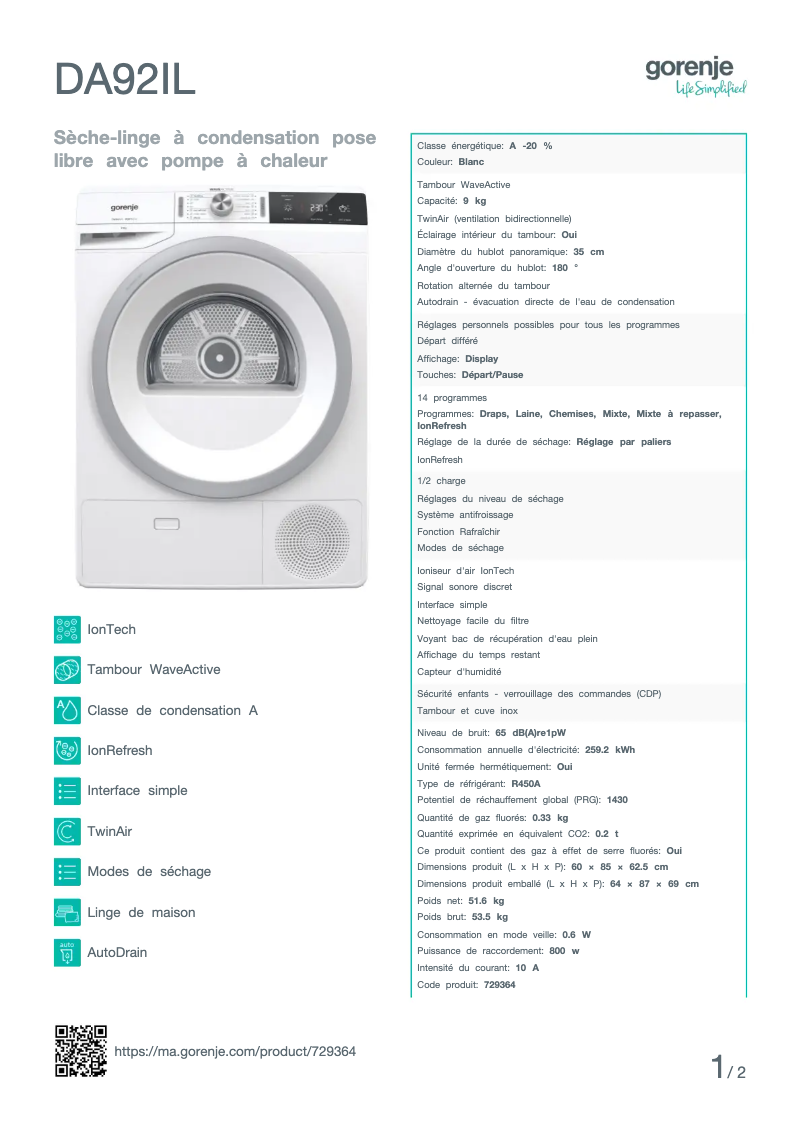 Image de la première page du manuel de l'appareil DA92IL