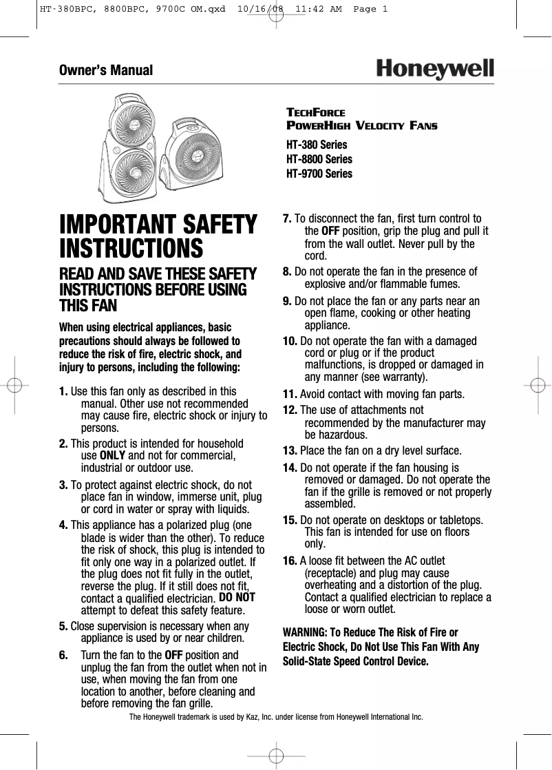 Page 1 de la notice Manuel utilisateur Honeywell Tech Force HT-9700