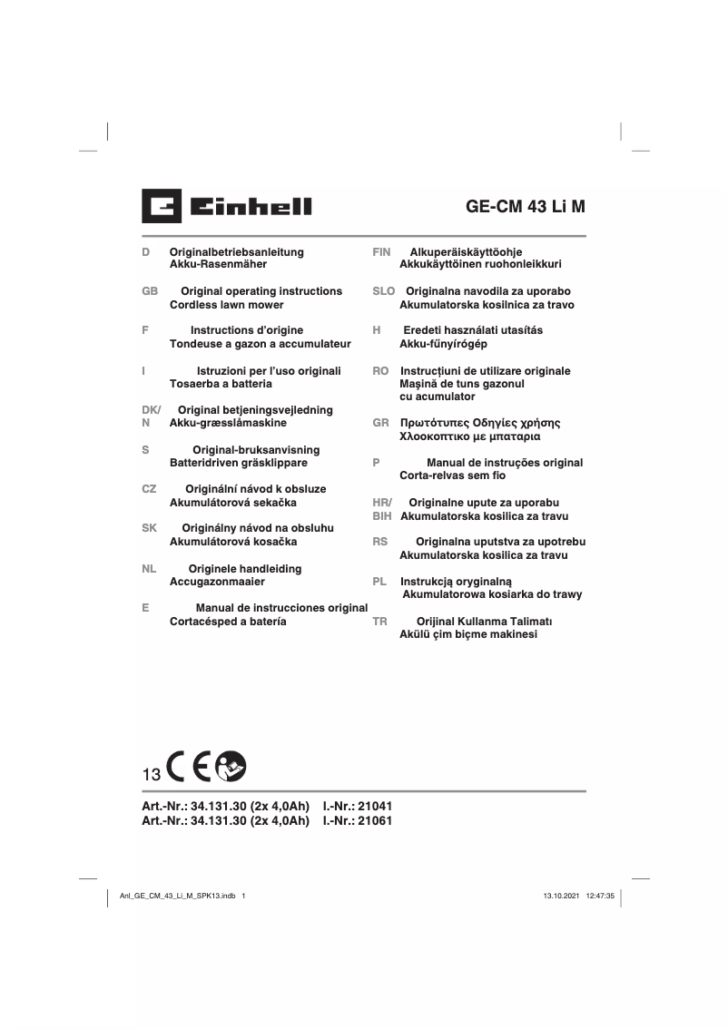 Page n°1 - Manuel utilisateur Einhell GE-CM 43 Li M Kit