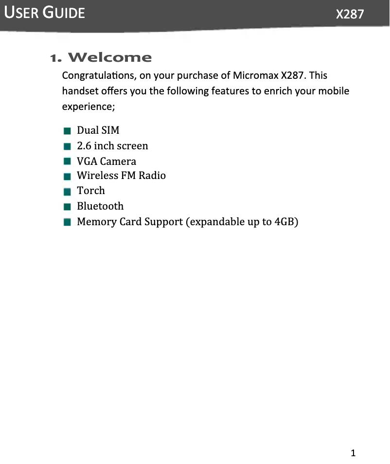 Page 1 de la notice Manuel utilisateur Micromax X287