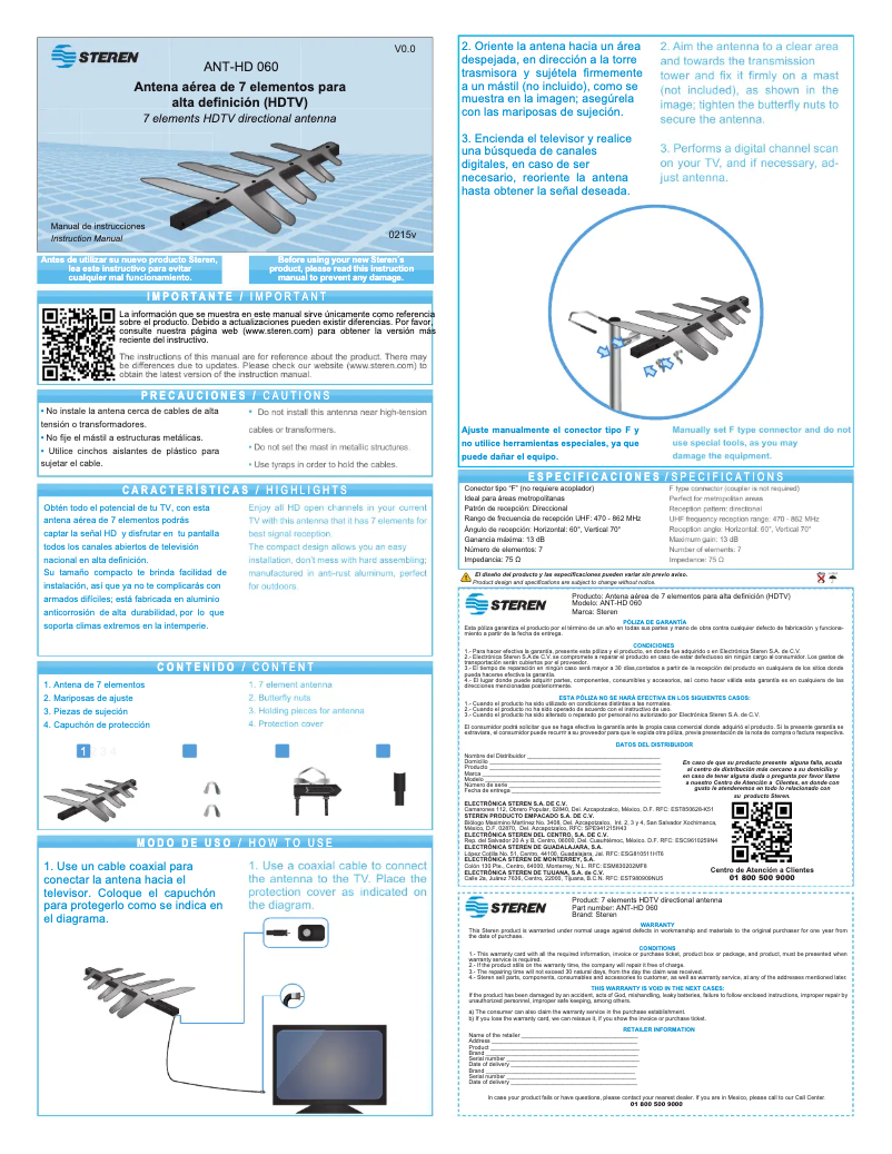 Image de la première page du manuel de l'appareil ANT-HD 060