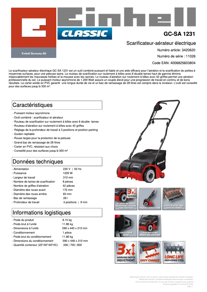 Page 1 de la notice Fiche technique Einhell GC-SA 1231