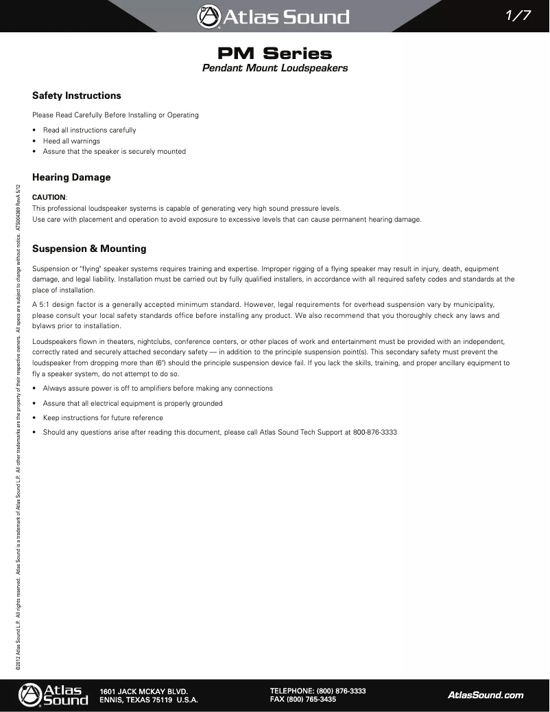 Page 1 de la notice Manuel utilisateur Atlas Sound PM8FA