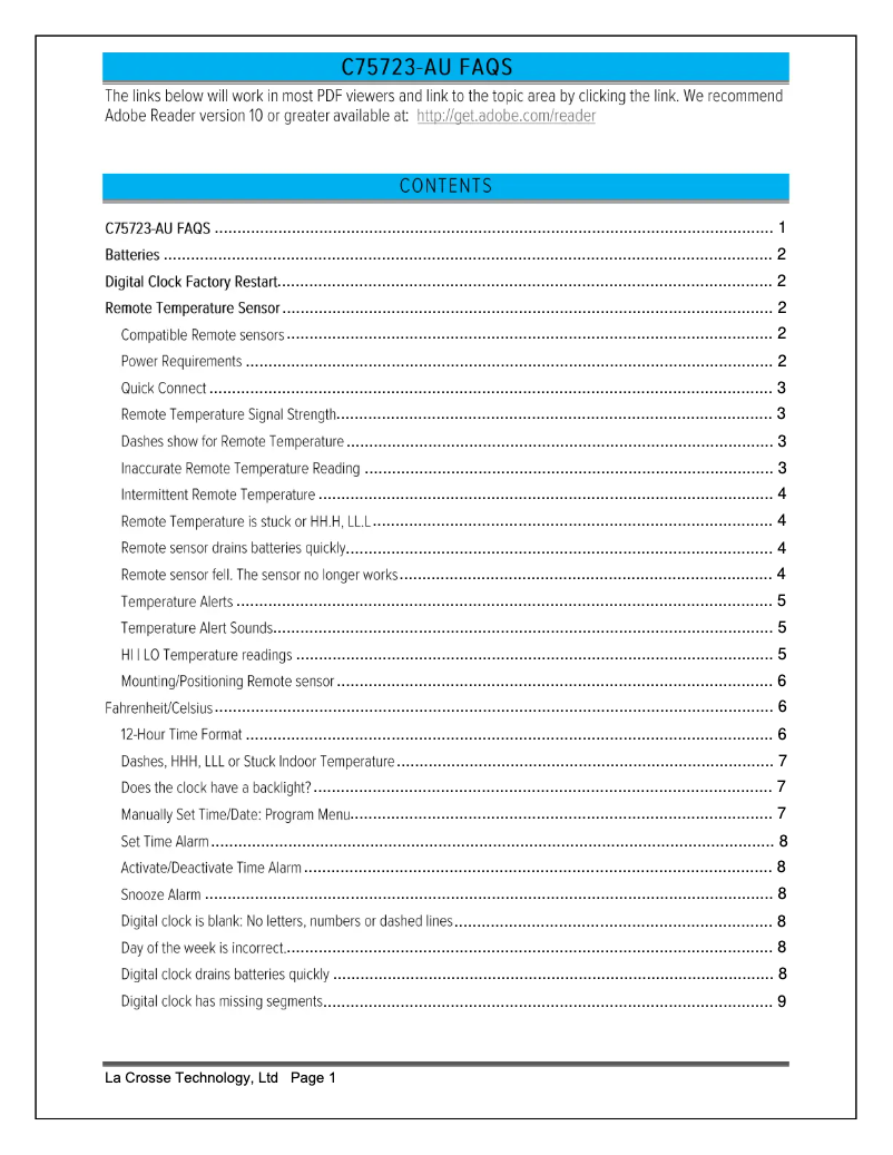 Page 1 de la notice FAQ La Crosse Technology C75723-AU