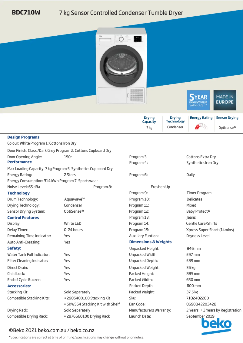Page 1 de la notice Fiche technique Beko BDC710W