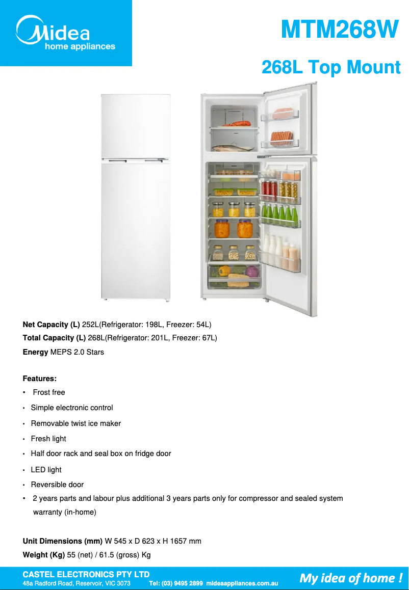 Page 1 de la notice Fiche technique Midea MTM268W