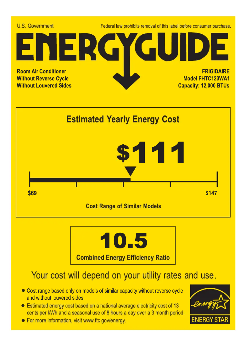 Page 1 de la notice Label énergétique Frigidaire FHTC123WA1