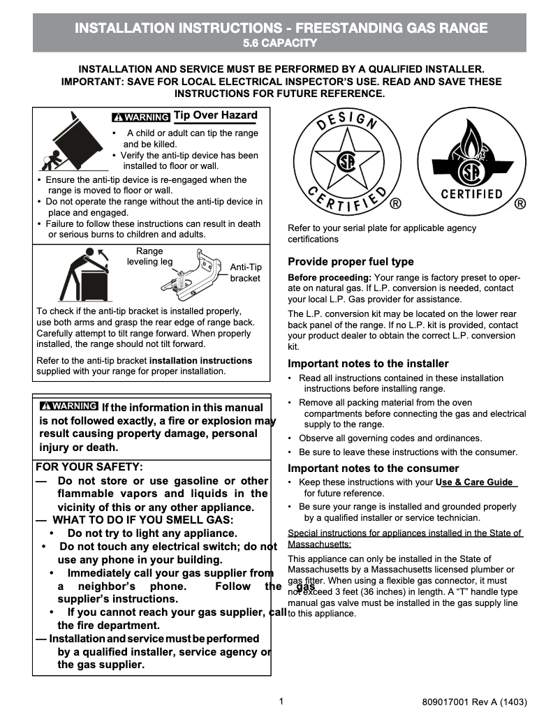 Page 1 de la notice Guide d'installation Frigidaire FPGF3077QF