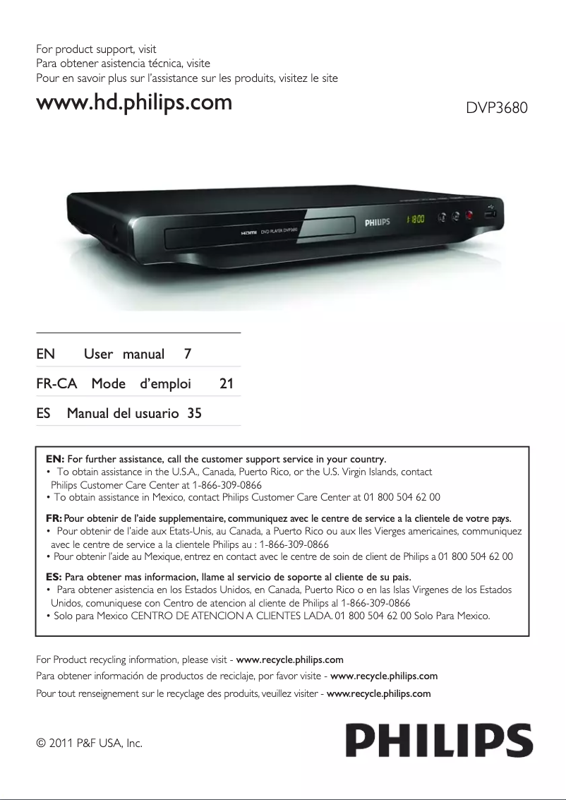 Page n°1 - Manuel utilisateur Philips DVP3680