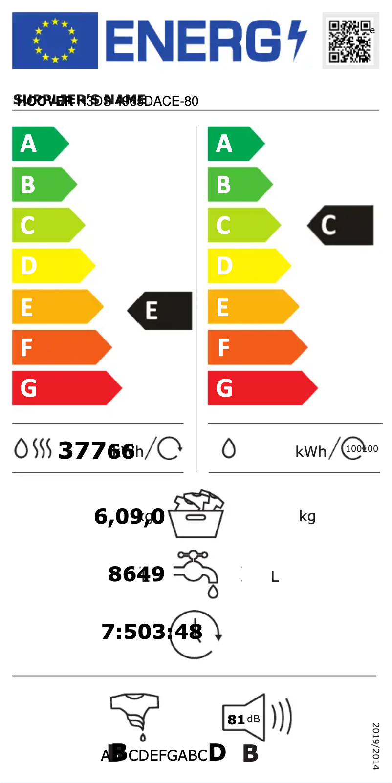 Page n°1 - Label énergétique Hoover H-WASH & DRY 300 H3DS 4965DACE-80