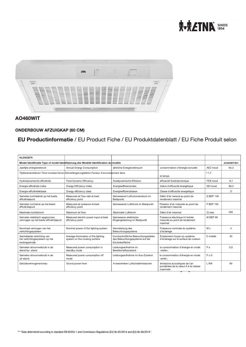 Page 1 de la notice Fiche technique Etna AO460WIT
