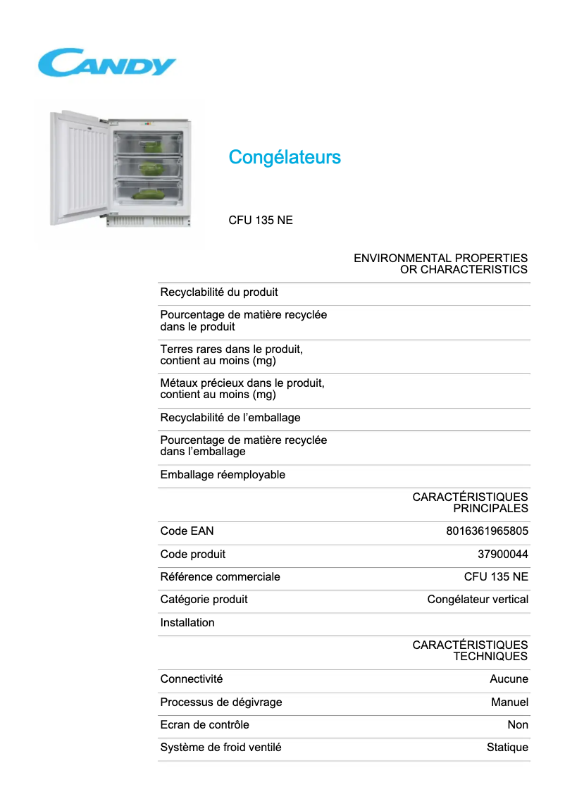 Page 1 de la notice Fiche technique Candy CFU 135 NE