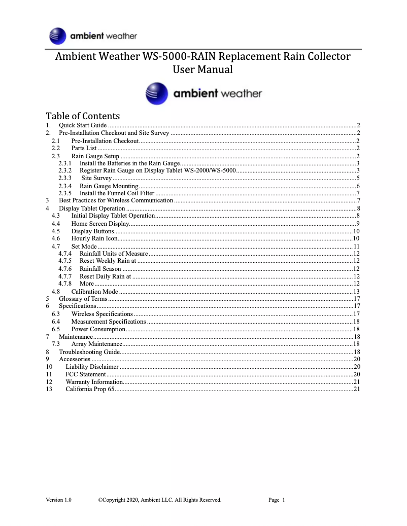 Image de la première page du manuel de l'appareil WS-5000-RAIN