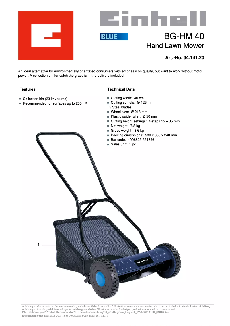 Page n°1 - Fiche technique Einhell BG-HM 40