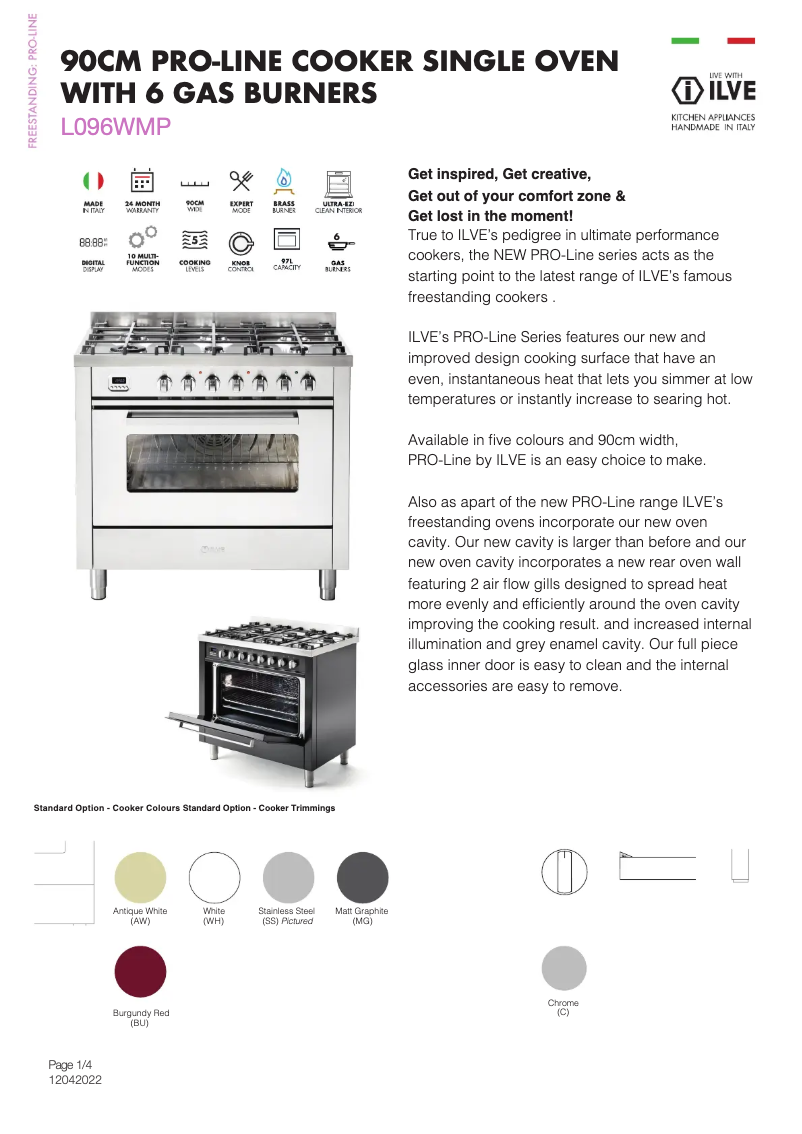 Page 1 de la notice Fiche technique Ilve L096WMPWH