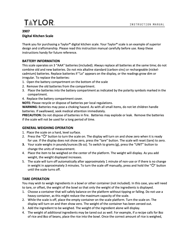 Page 1 of the manual User Manual Taylor 3907