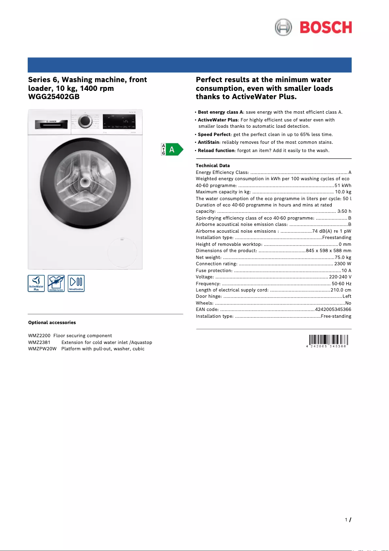 Página 1 del manual Ficha técnica Bosch WGG25402GB