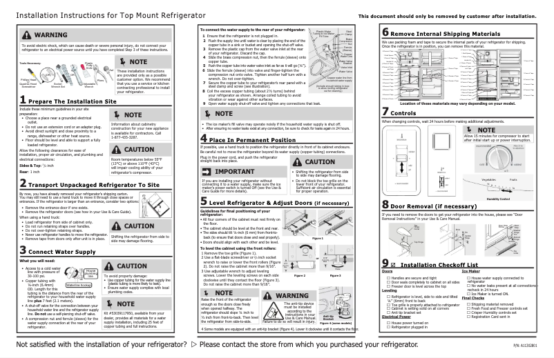 Page 1 de la notice Guide d'installation Frigidaire FFTR18G2QW